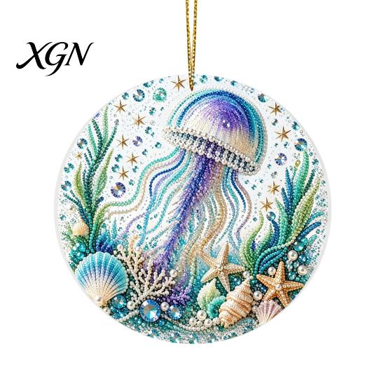 Durable Acrylic Coastal Decor Ocean Theme Pearl Art Hanging Ornament, 2D Flat Wall Sea Life Suncatcher, Beaded Pattern Window Decoration Souvenir