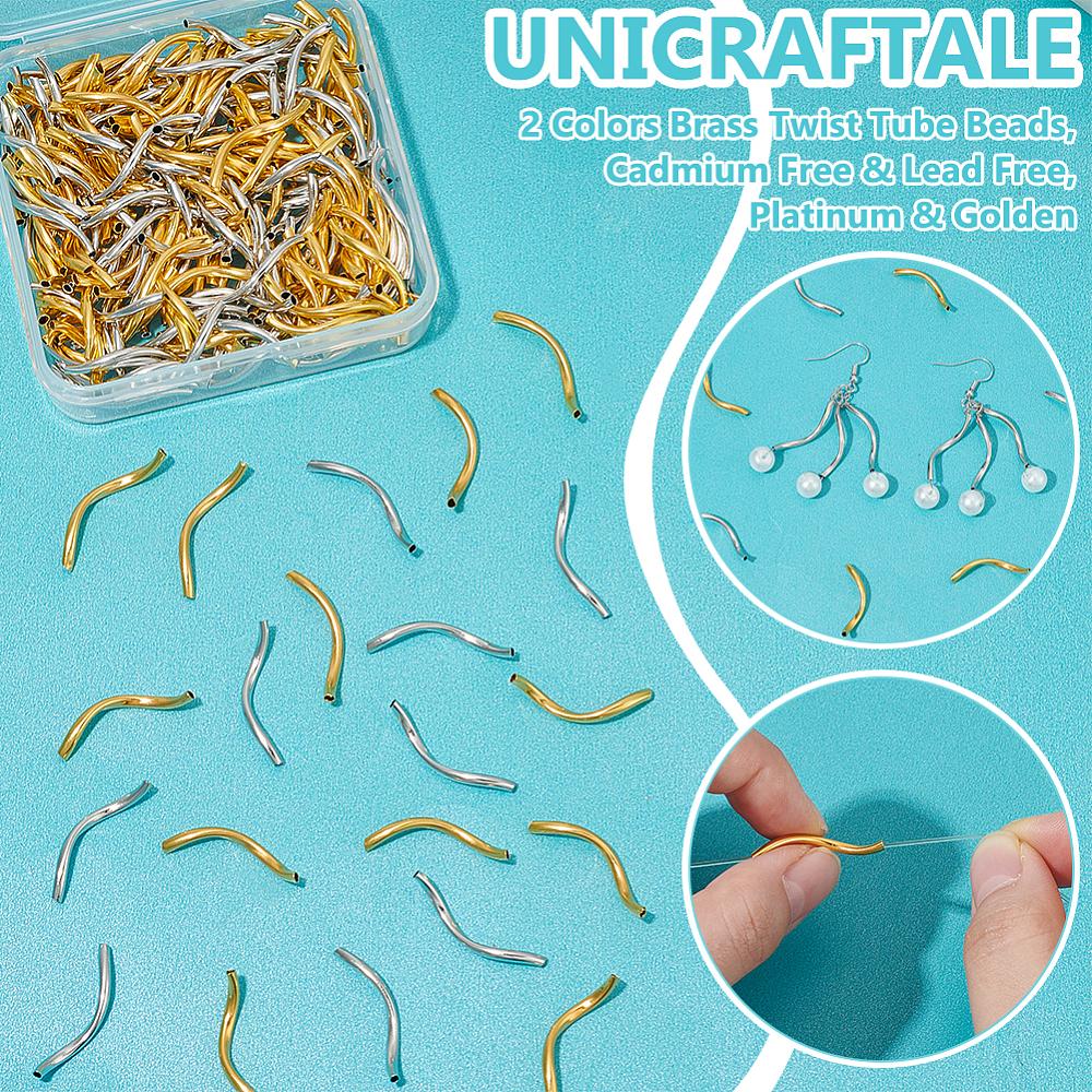 200Pcs 2 Colors Brass Twist Tube Beads, Cadmium Free & Lead Free, Platinum & Golden, 24~25x2mm, Hole: 0.9~1.2mm, 200pcs/set