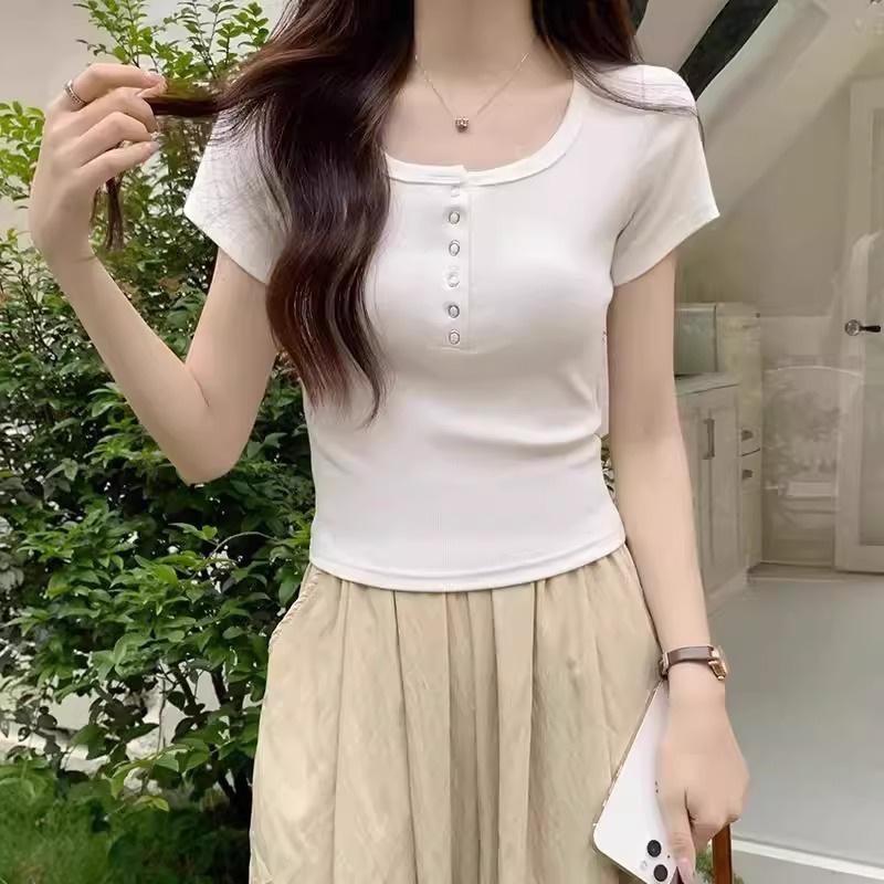 Pure desire tight shoulder short-sleeved T-shirt short button-up top summer design low-necked American Spice Girl threaded T-shirt