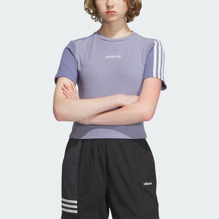 Adidas Originals Trefoil Crop Tee Three-Stripe Colorblock Sports Short Sleeve T-Shirt Women Tops Silver-Grey Violet IU4848