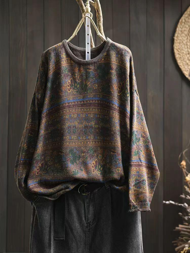 Johnature Woman Autumn Niche Vintage O-Neck Casual Loose Retro Sweater Chinese Style Long Sleeves Print Sweater