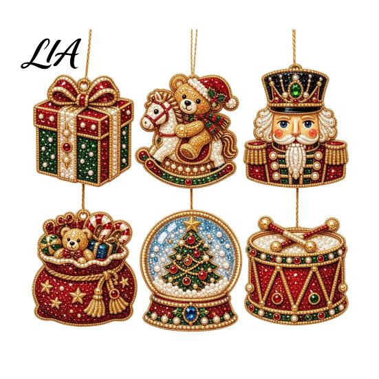 Elegant Holiday Party Supplies 6 Pcs Diamond Art Christmas Ornaments, 2D Flat Pearl Painting Timeless Seasonal Decorations Pattern Hanging Decoration