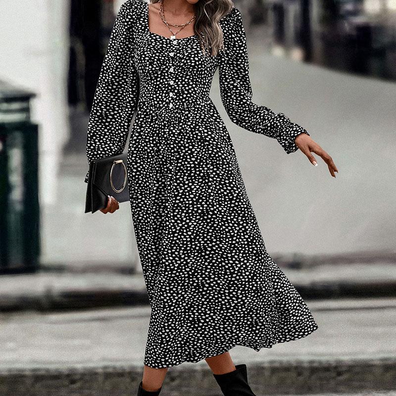 Summer Print Dress Women A-line Casual Butterfly Sleeve Cotton Full Sleeve Turn-down Collar Mid-Calf