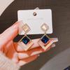 S925 Sterling Silver Cat's Eye Rectangular Earrings with Blue Crystal Zircon Square Studs for Women