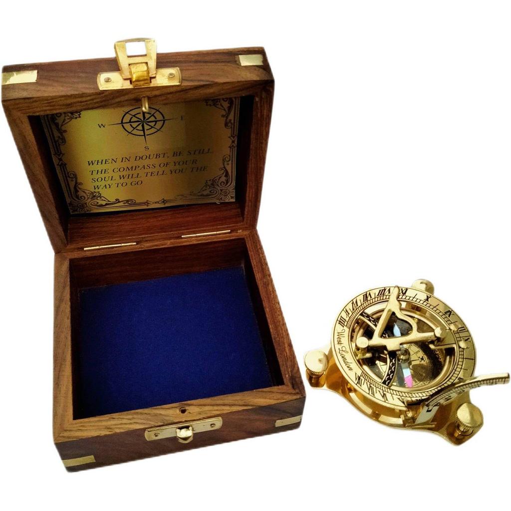India Brass Sundial Compass With Wood box collectible gift Compass  (Gold, Brown)