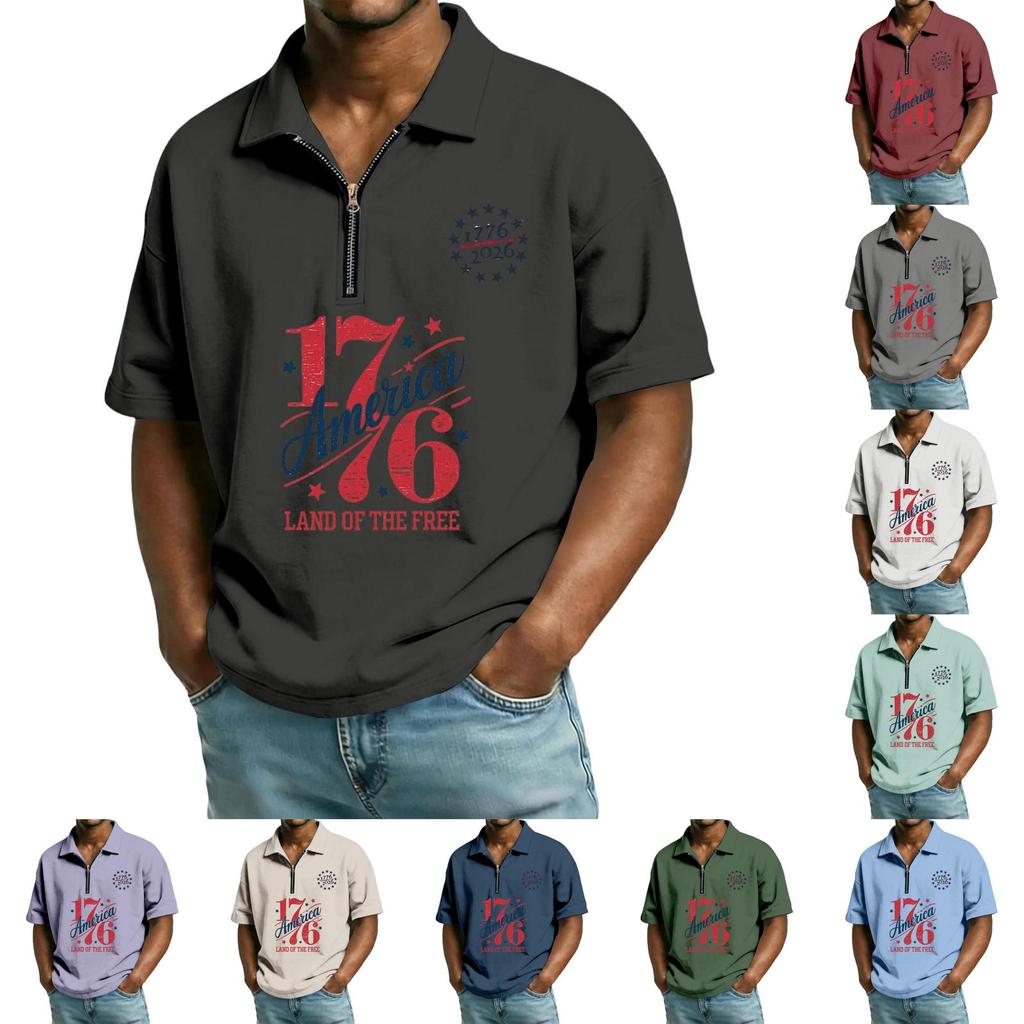 Men's Casual Loose Fit Polo Shirt Short Sleeve Zipper Front Independent Day Printed Design Comfortable Lightweight Top