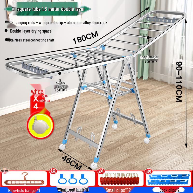 Wing-Shaped Folding Clothes Rack for Bedroom & Balcony - Retractable Floor-Standing Drying Rack.