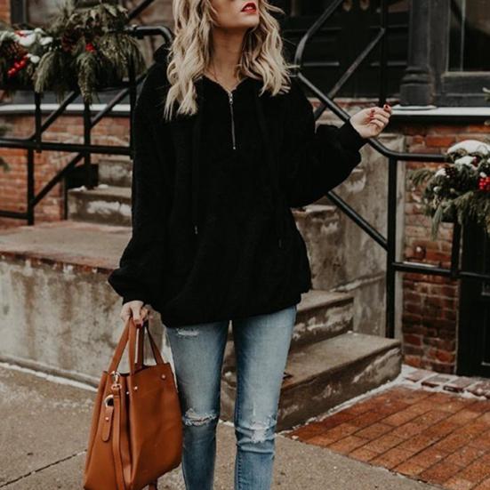 Damen-Fleece-Kapuzenpullover, einfarbig, langärmelig, Kapuzenpullover mit Kordelzug