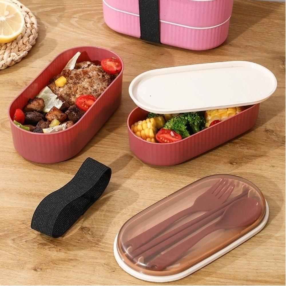 Portable Double Layer Lunch Box with Fork and Spoon Microwave Food Storage Boxes Leakproof High Capacity Dinnerware Set