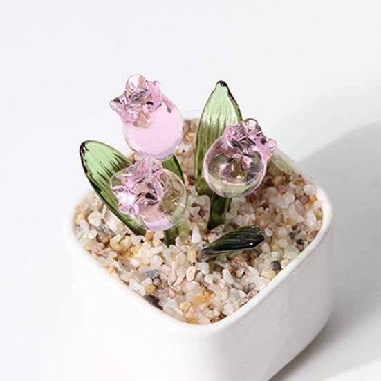 Mini skleněná figurka tulipánu Ručně foukaná miniaturní květina z umělého křišťálu v květináči pro ženy, maminku, svatbu, Den matek, kancelář, domov, středový díl stolu