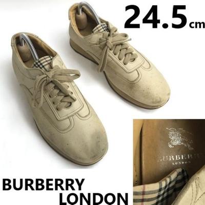 LONDON Leather Shoes Sneakers Beige Tan Check Pattern Size 24.5(USED)
