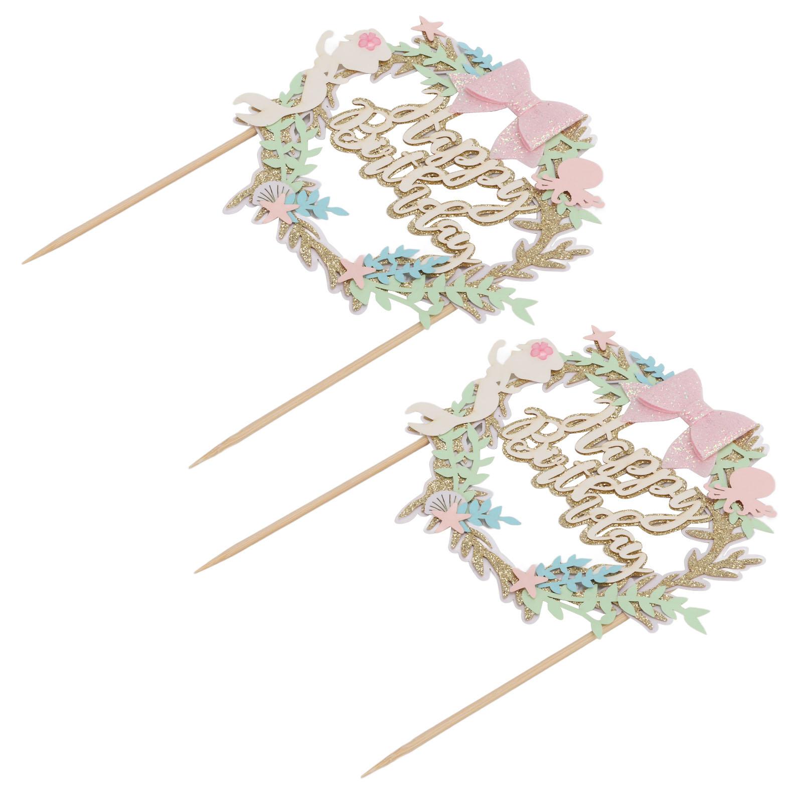 

2Pcs Cake Toppers Pink Bow Sparkling Exquisite Safe Degradable Happy Birthday Cake Decoration