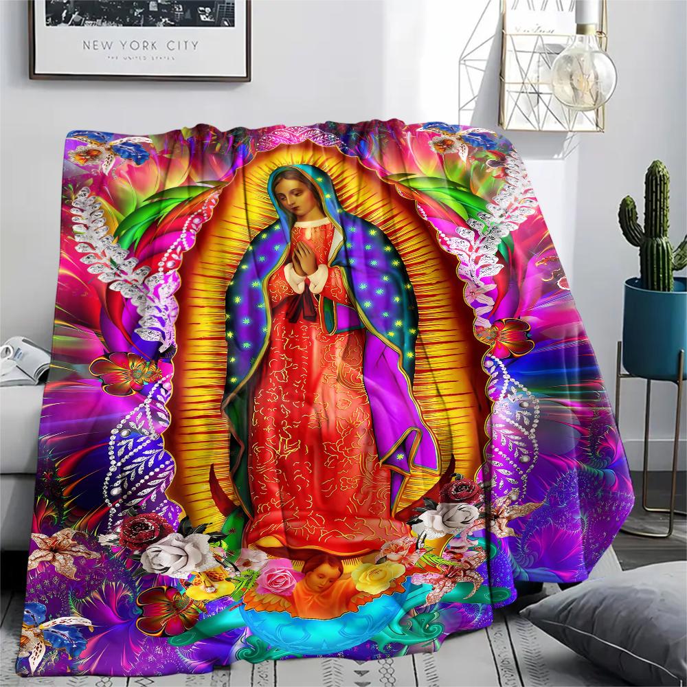 1Pc Virgin Mary Print Flannel Blanket, High quality Comfortable for All Seasons, Home Decor, Warmth and Comfort, Perfect for Christmas Gifts