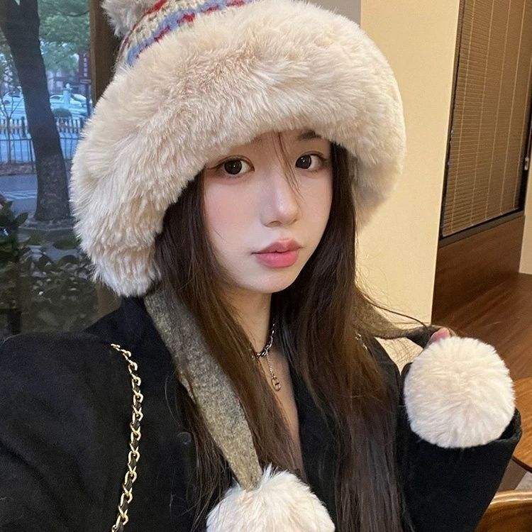 Cute Plush Hat Women's Winter Plush Knitted Wool Hat, Ear Protector, Warm, Fluffy Northeast Cold-proof Lei Feng Hat