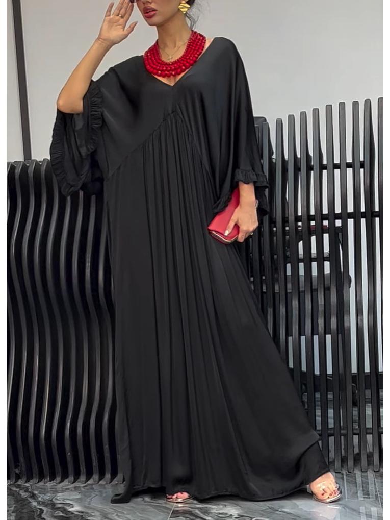 

2025 Summer European & American Satin Ruffle Sleeve Pleated Casual Dress Medium чорний