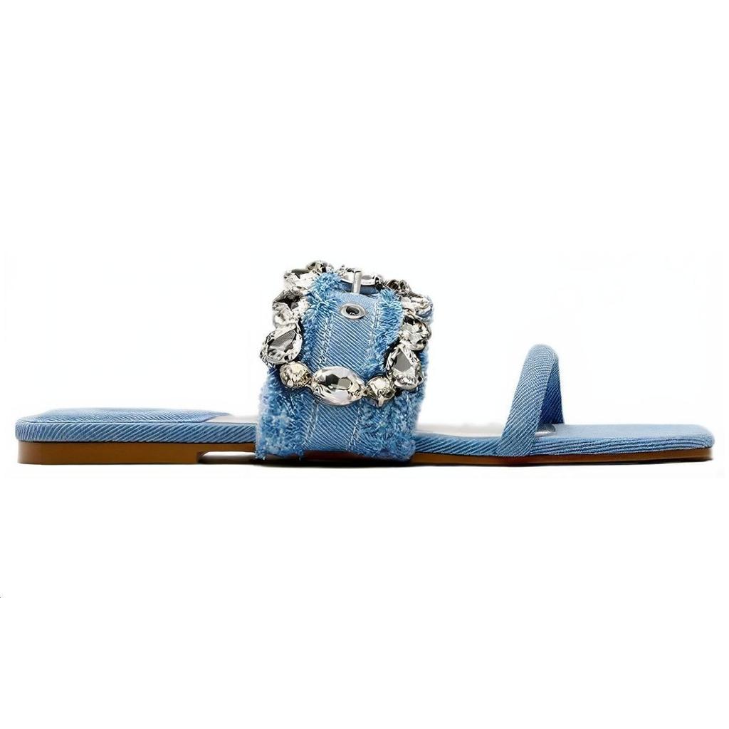 ZARA Denim Embellished Flat Slide Sandals Blue Womens 2648210043