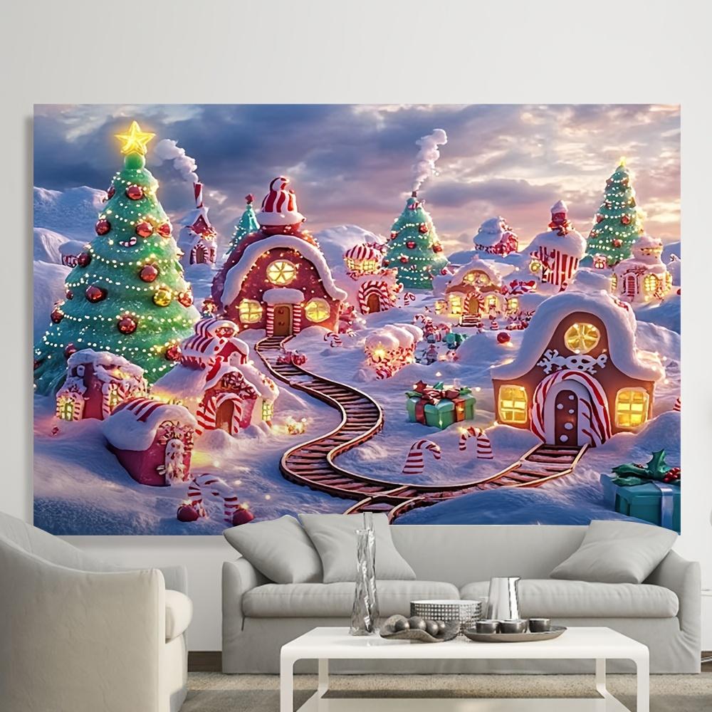2D1 charming Christmas village background - fairyland winter snow scene gingerbread house and holiday decorations polyester