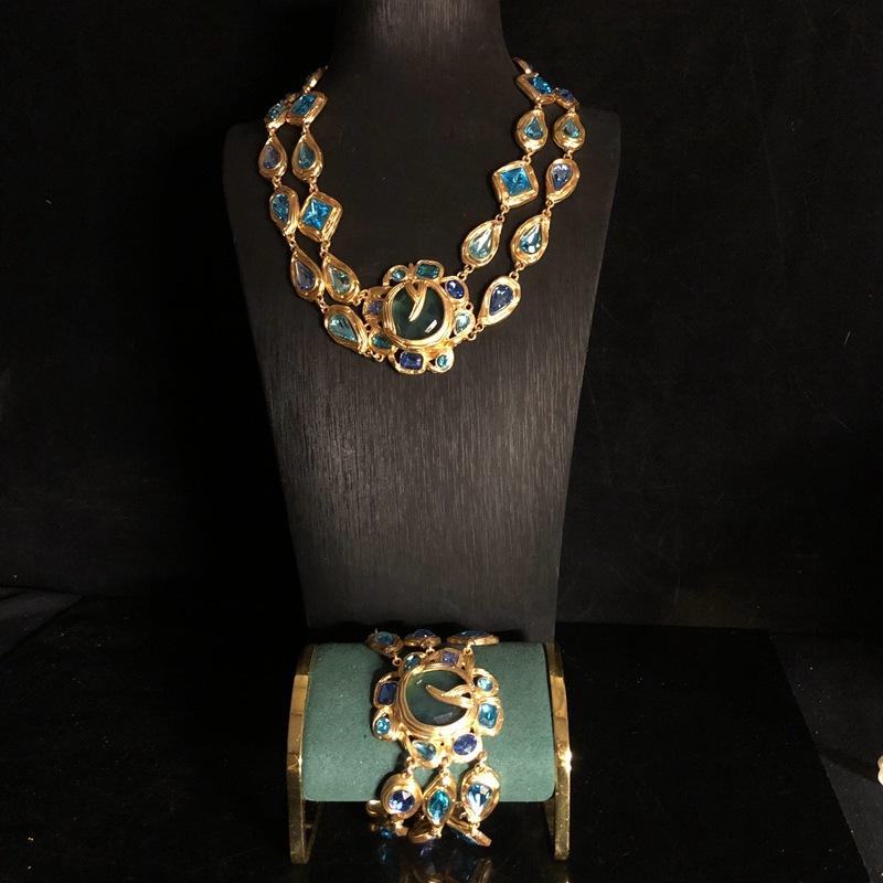 New Fashion Style Vintage Glass Inlaid Heavy Industry Necklace, Bracelet, Jewelry Set, Exquisite and Elegant Women's Accessories