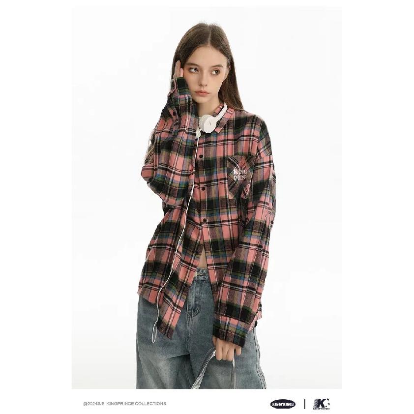 Early Spring American Retro Black Pink Plaid Shirt Coat Female Spring and Autumn Male Potato Starch Plaid Long Sleeve Shirt Male Pink Grid
