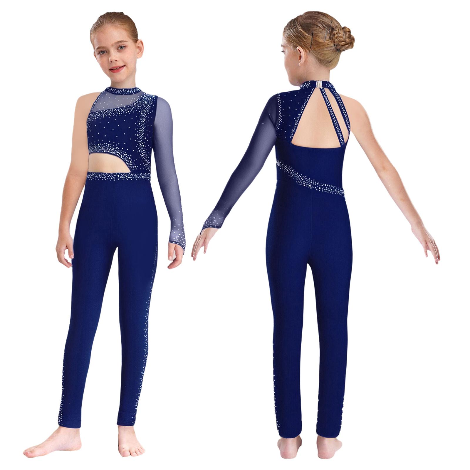 

Girls Gymnastics & Skating Leotard: One Shoulder Sheer Mesh Design with Sparkly Rhinestones for Ballet & Competition темно-синього кольору