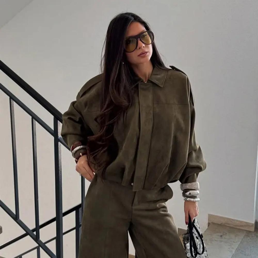 Women Suede Jacket Loose Casual Bomber Coat Lapel Zipper Long Sleeve Jackets Vintage Lady Motorcycle Outwears