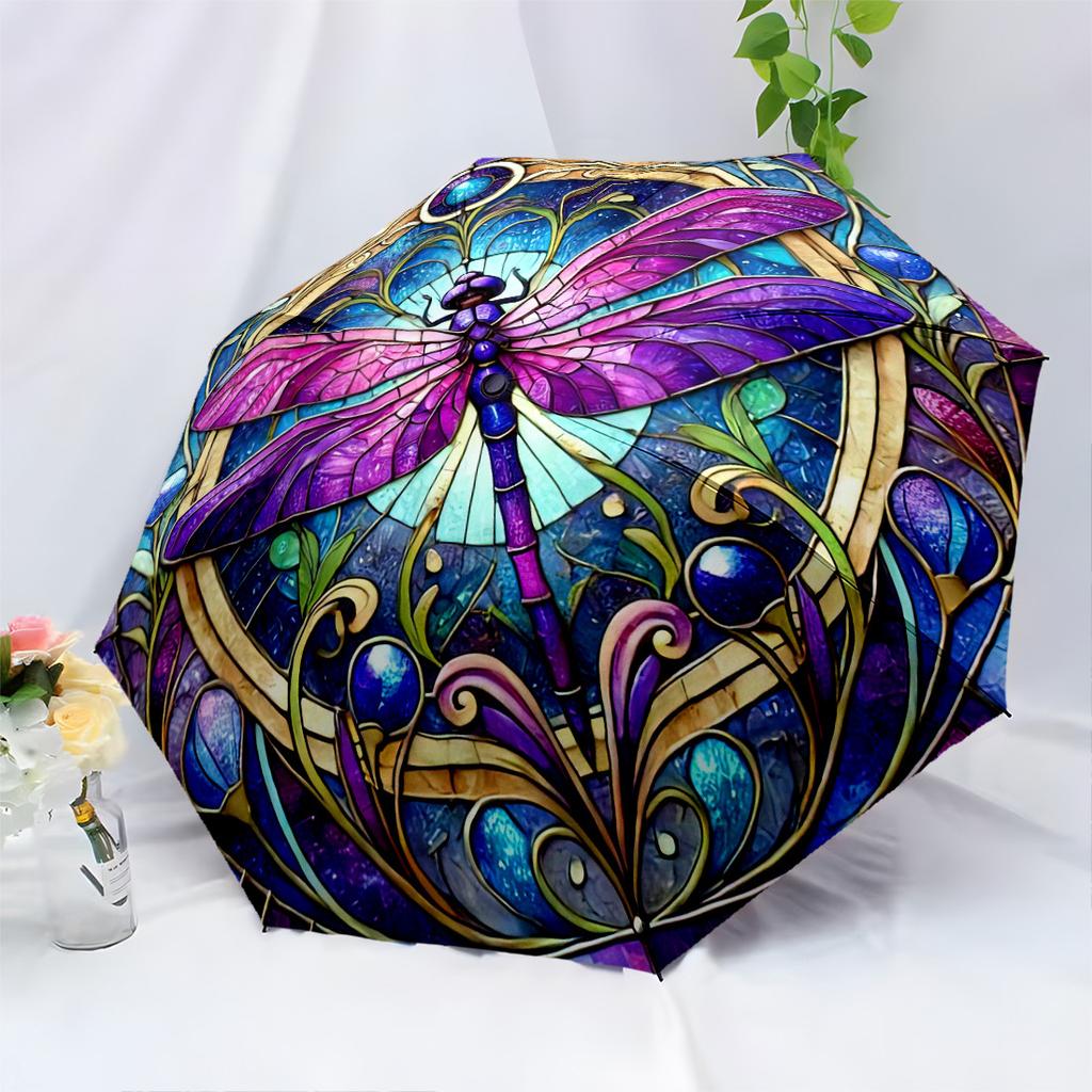 1pc Automatic Open/Close Umbrella with Stained Glass Dragonfly Design - Purple, Blue, Golden, Black, Teal, - Compact Folding U