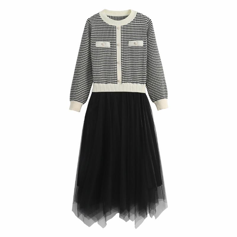 Frühling Schwarz Gestrickte Patchwork Mesh Lange Kleid für Frauen Herbst Langarm Koreanische Elegante Kleider