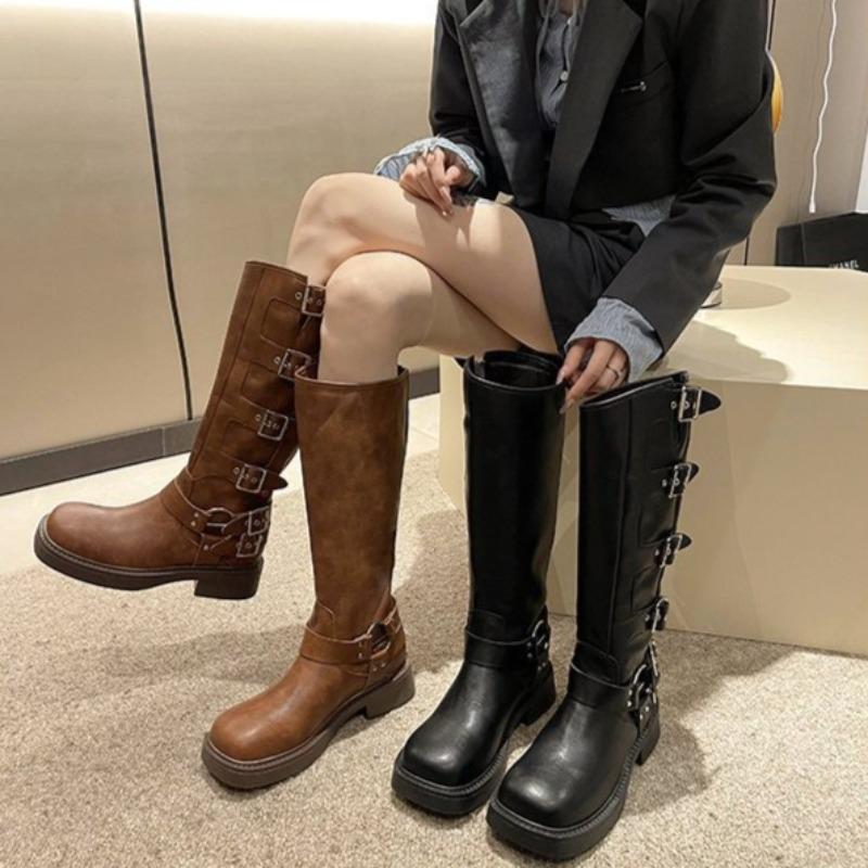 Women's Mid Calf Boots Fashion Belt Buckle Motorcycle Knight Boot 2025 New Western Cowboy Boots for Women Platform Leather Boots