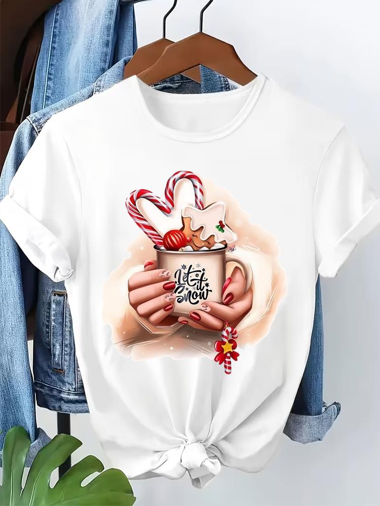 (Asian Size) Leopard Tree Cute 90s T Shirt Print Fashion Merry Christmas Women's Top Short Sleeve T-shirts O-neck Casual New Year Clothing Graphic Tee