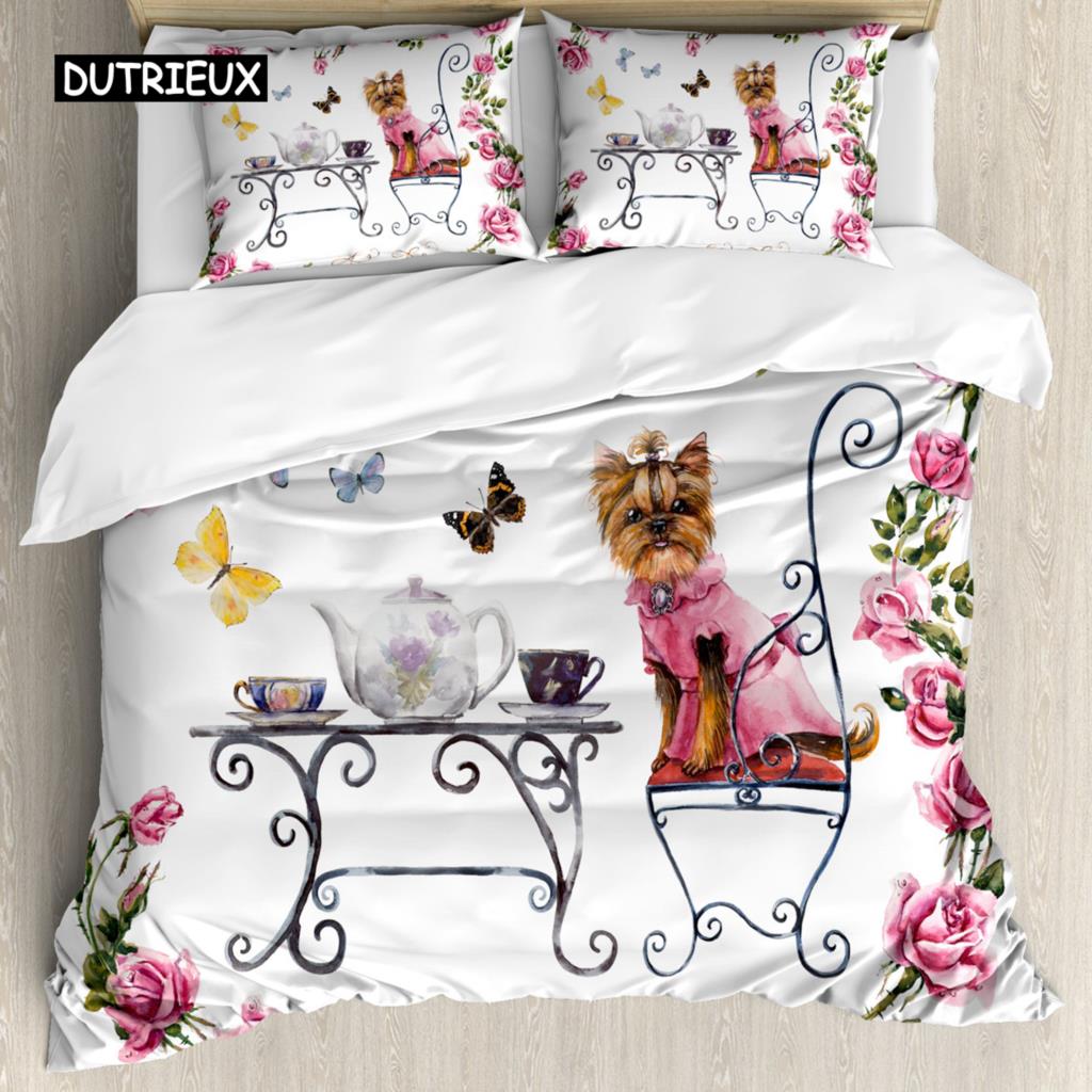 Yorkie Sada povlečení Pes se sluchátky Hudba 3dílná ložní souprava pro děti Dívky Chlapce King Size Štěněcí motiv Měkký povlak na přikrývku