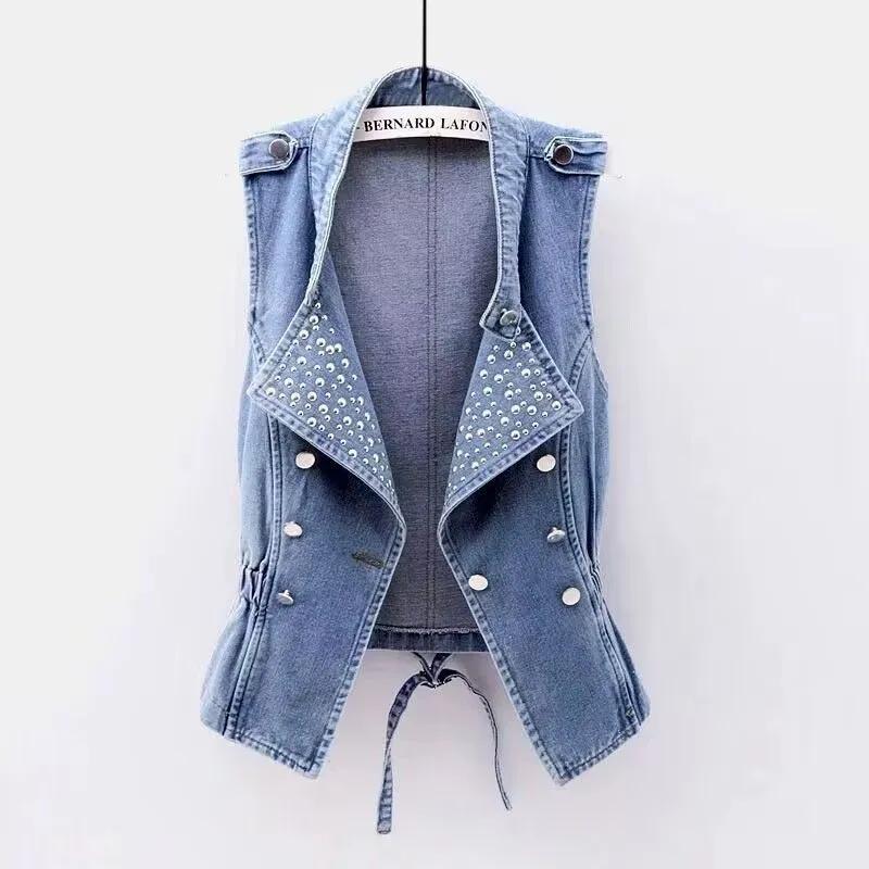 

Women s Denim Vest Short Length Sleeveless Jacket with Epaulets Double Breasted Button Closure Studded Lapel Design Casual Outerwear XL