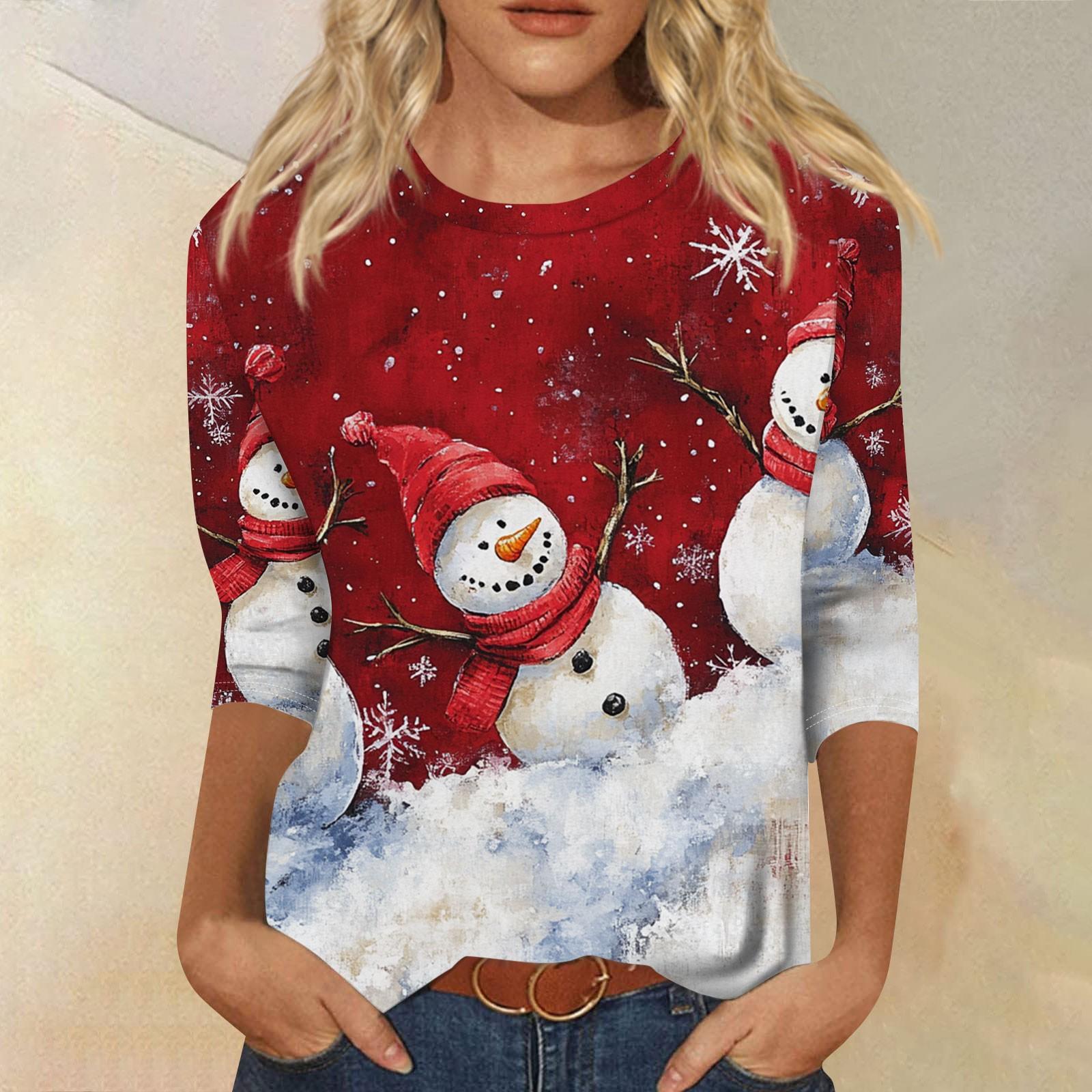 

Женская мода повседневная рубашка с круглым вырезом и рождественским принтом, семь рукавов S винный