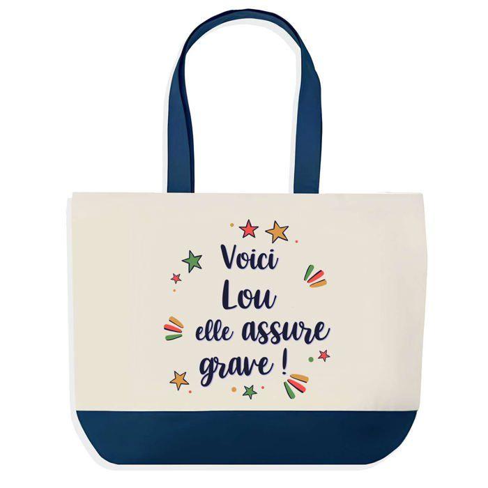 Sac shopping - PLANETEE - Lou elle assure grave - Fond bleu - Coton 40x45 cm - Grand format