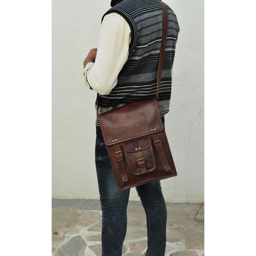 Men's Goat Leather Messenger Handmade Genuine Dark Brown Cross-body Vintage Bag