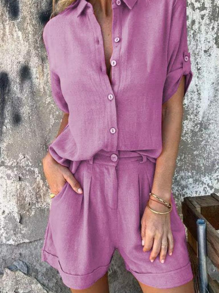 Summer New Cotton Linen Short Sleeve Shorts Set for Women