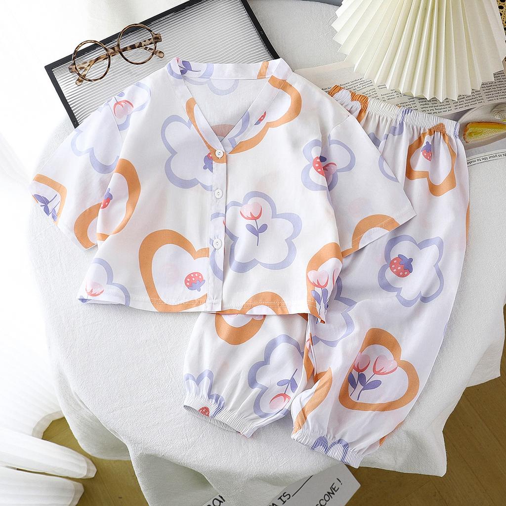 Children's Home Clothes Cotton Silk Set Summer Men's and Women's Pajamas Artificial Cotton Two Piece Set Cotton Silk Air Conditioning Clothes