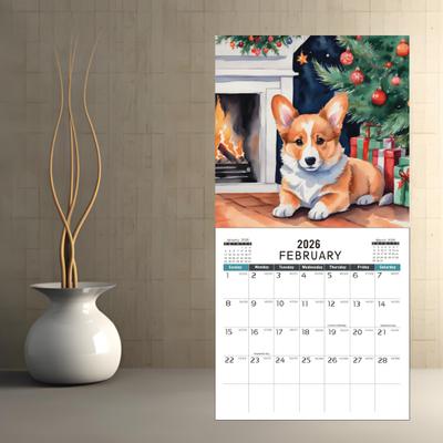 2026 Sněhový den Corgi Nástěnný kalendář 12měsíční kalendář s tématikou psa Corgi z tlustého papíru pro dekoraci domácí kanceláře, domácí dekorace, nástroj pro řízení času