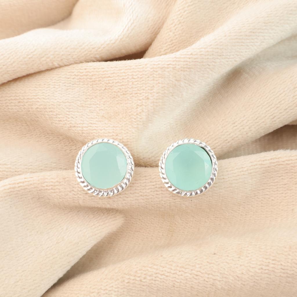Aqua Chalcedony Gemstone 925 Solid Silver Jewelry Handmade Partywear Studs 0.53" EE-147-13