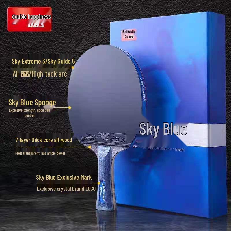 Tianji Table Tennis Racket: Double Happiness 7-Ply Wood, Blue Sponge, Double Inverted Rubber, Offensive Blade, Straight Handle/Penhold