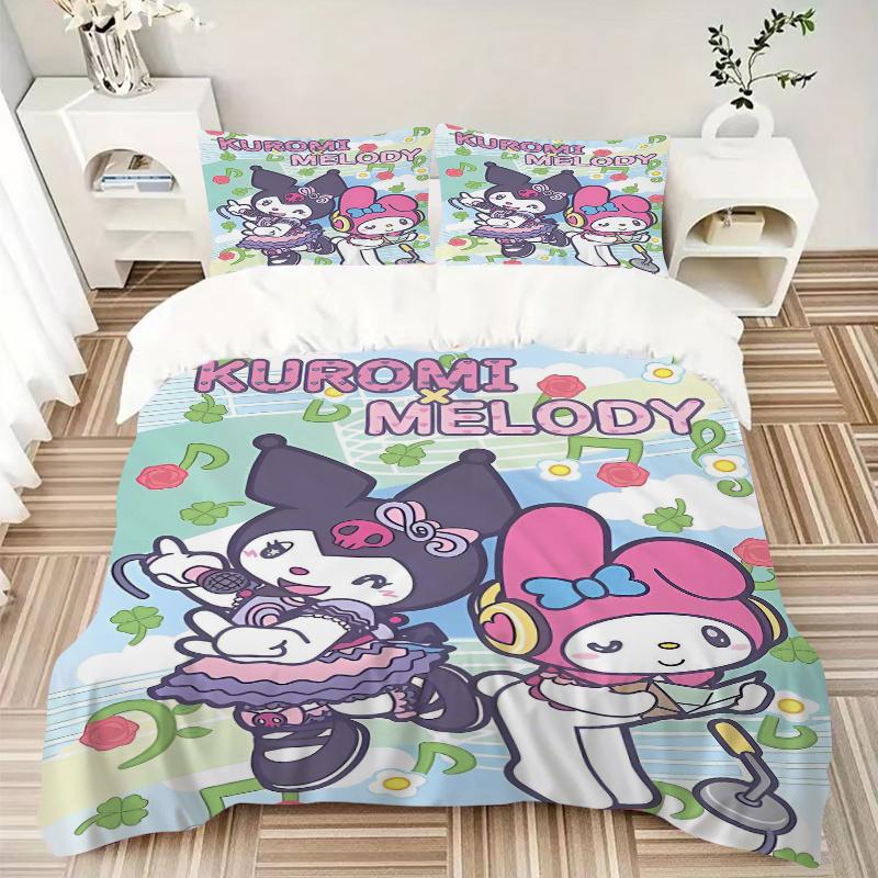 3pcs Musical Adventure Kuromi & Melody Quilt Set - Soft and Comfortable Bedroom, Guest Room and Dorm Decor Bedding Set 1 Quilt Cover + 2 Pil