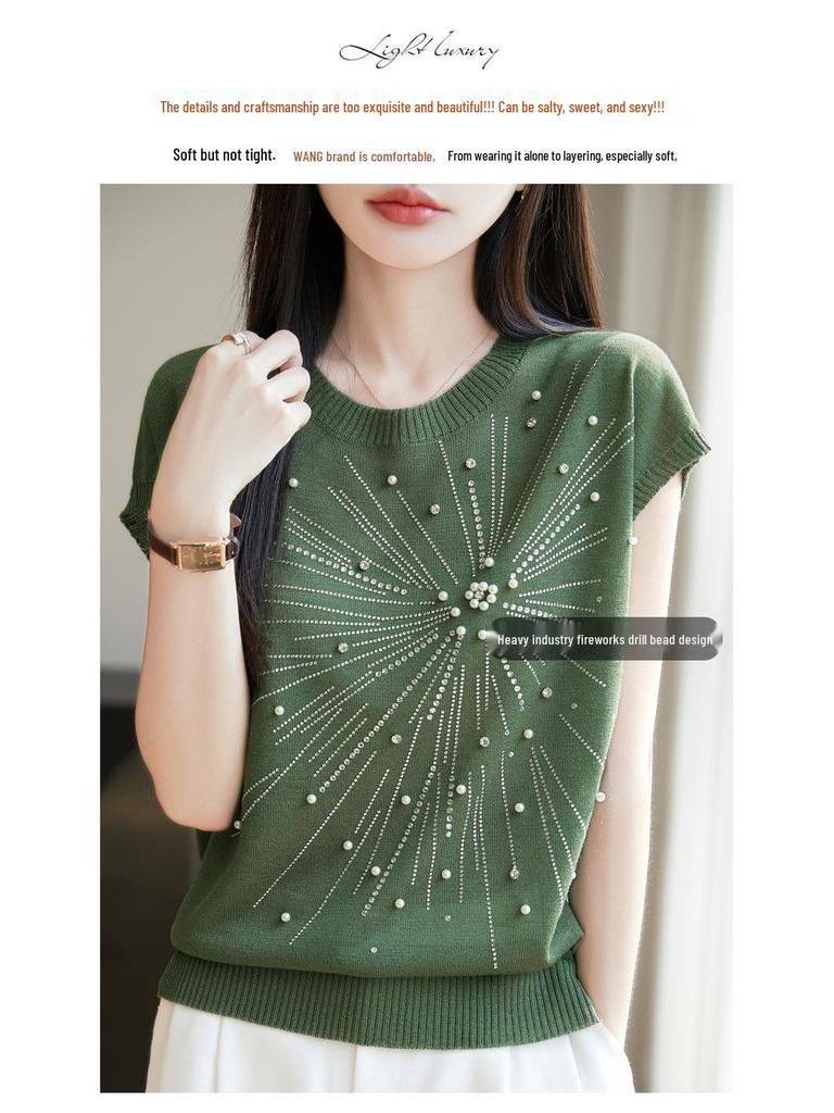 Women's Summer Bamboo Linen Beaded Crew Neck T-Shirt
