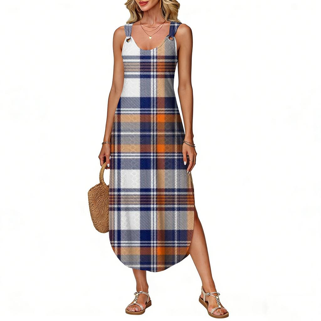 Women's Summer Long Dress, Sleeveless with Side Slits, Long Plaid Printed Vest Dress