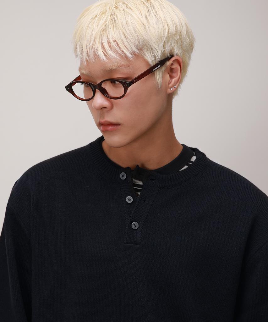 Dibellobeu Daily Henley Neck Round Knit_ Navy