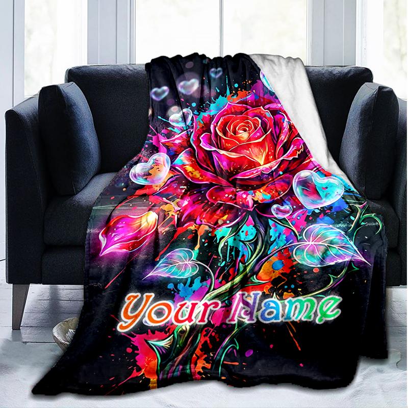 1PC Custom Name Colorful Rose Fantasy Flannel Blanket Versatile,all-season Throw Suitable for the Living Room,bedroom,camping,travel,and Gift