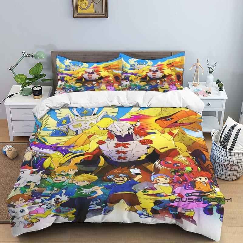 Digimon Cartoon 3D-Printed Bedding Set—Includes Duvet Cover and Pillowcases—Available for Single, Double, King, and Queen-Sized