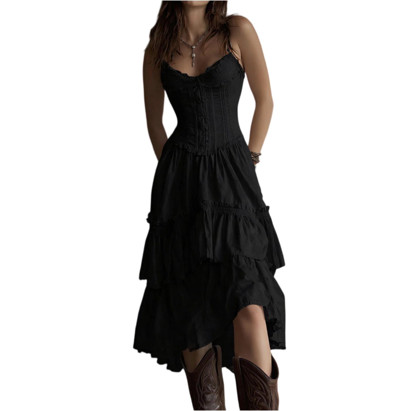 

Ladies Casual And Fashionable Waist Cinched Ruffle Edge Dress XXL чёрный
