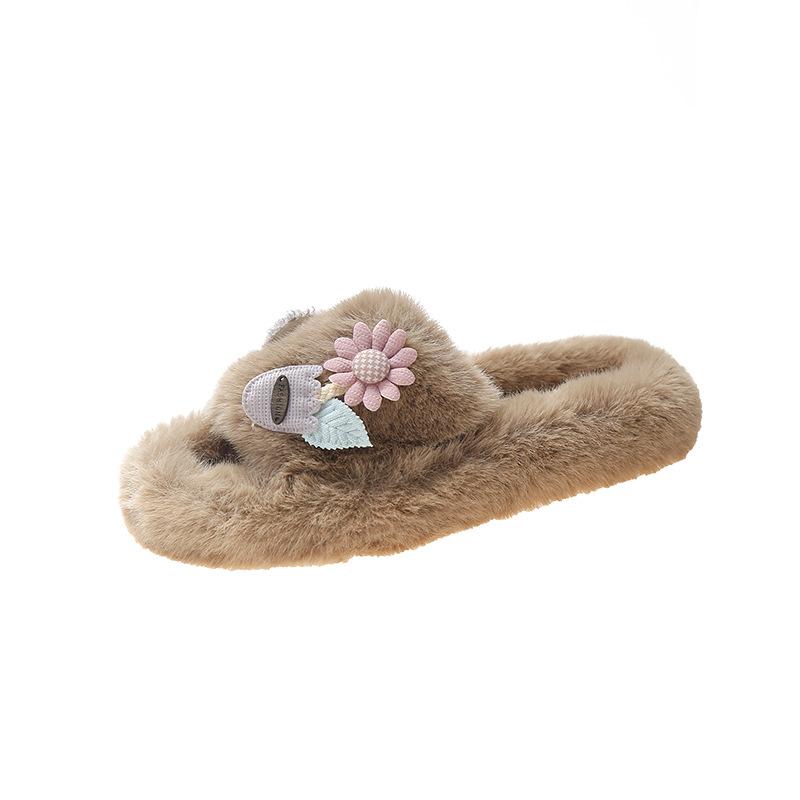 

Flower fluffy slippers women s autumn and winter 2025 new cute light board flat bottom non-slip fashionable foreign trade slippers 42 хакі