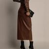Leather split skirt women's clothing, high waist slim-fitting hip-wrapped leather skirt solid color skirt