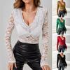 Women Tops Solid Color V-Neck Long Sleeve Shirt See-through Embroidery Lace Flower Pattern Casual Shirt