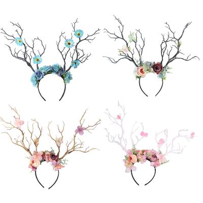 Coroa de Flores Guirlanda de Cabelo Chifres de Veado Tiara Enfeite de Cabeça de Rena Acessórios de Cabeça Florais Adereços de Foto de Casamento para Feriado